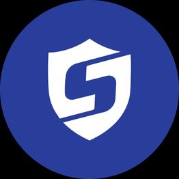 White shield icon with an "S" on a blue circle background.