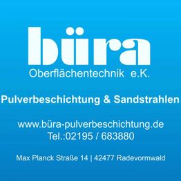Büra Oberflächentechnik-Logo mit Kontaktinfos, spezialisiert auf Pulverbeschichtung.
