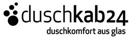 Logo mit Text "duschkab24" und Slogan "duschkomfort aus glas" in schwarzer Schrift auf Weiß.