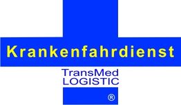 Blaues Kreuz mit gelbem Text: "Krankenfahrdienst" und darunter: "TransMed LOGISTIC".