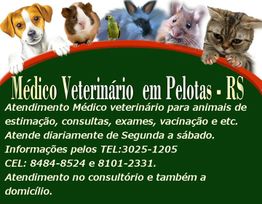 Anúncio de veterinário em Pelotas-RS, com imagens de animais e contatos para atendimento.