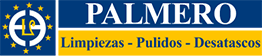 Logo de PALMERO: "Limpiezas - Pulidos - Desatascos" con fondo azul y amarillo.