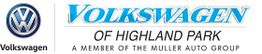 Volkswagen logo and text: "VOLKSWAGEN OF HIGHLAND PARK, MEMBER OF THE MULLER AUTO GROUP."