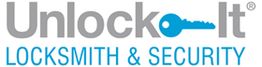 Logo with text "Unlock-It Locksmith & Security," featuring a blue key icon.