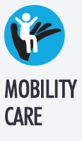Logo con mano nera che sorregge figura bianca su sfondo blu. Testo: "Mobility Care".