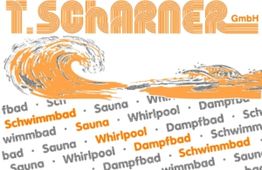 Logo mit einer orangefarbenen Welle und den Wörtern "Schwimmbad", "Sauna", "Whirlpool", "Dampfbad".