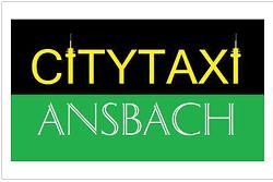 Logo mit der Aufschrift: "CITYTAXI ANSBACH", gelber Text auf schwarz und weißer Text auf grünem Hintergrund.
