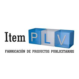 Logotipo de Item PLV, empresa de fabricación de productos publicitarios, con letras en cubos.