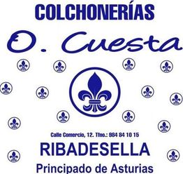 Logo de Colchonerías O. Cuesta en Ribadesella con dirección y número de teléfono.