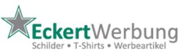 Logo von Eckert Werbung mit grünem Stern und Text: Schilder, T-Shirts, Werbeartikel.