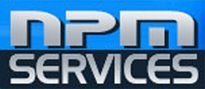 Blue and black "NPM Services" logo with bold, metallic font.