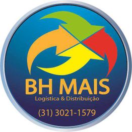 Logotipo colorido da BH Mais com número de telefone e texto sobre logística e distribuição.