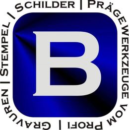 Blaues Quadrat mit weißem "B", umgeben von Wörtern: Schilder, Prägen, Stempel, Gravuren.