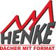 Logo mit "Henke" und Slogan "Dächer mit Format", rote stilisierte Dachlinie oben.