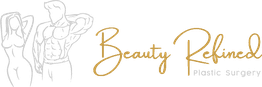 Line art of figures and "Beauty Refined Plastic Surgery" text in elegant font.