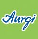 Logo de "Aurgi" en blanco y azul sobre fondo verde.