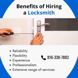 Person using a tool on a door handle. List of locksmith benefits and a phone number are visible.