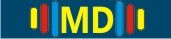 Logo mit gelben Buchstaben "MD" zwischen roten und blauen Linien auf dunkelblauem Hintergrund.