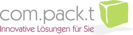 Logo der Firma com.pack.t mit grünem Würfel und Slogan "Innovative Lösungen für Sie".