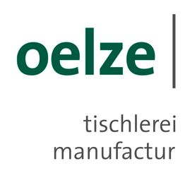 Logo mit Text: "oelze | tischlerei manufactur" in modernem Design.