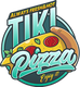 Logotipo de Tiki Pizza con una porción de pizza con tomates y hojas. Texto: "Siempre fresca y caliente".