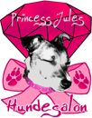 Hund mit rosa Schleife vor großem Diamanten, Text: "Princess Jules Hundesalon".