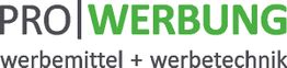 Logo mit Text "PRO WERBUNG, werbemittel + werbetechnik" in Schwarz und Grün.