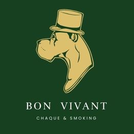 Perro elegante con sombrero en fondo verde, texto: "Bon Vivant - Chaque & Smoking".