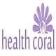 Purple logo with the words "health coral" and a fan-like design above.