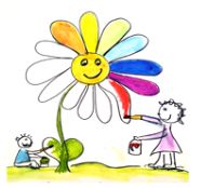Kinder malen eine Blume mit bunten Blütenblättern und einem lachenden Gesicht.