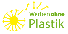 Gelbes Löwenzahn-Logo neben grünem Text "Werben ohne Plastik" auf weißem Hintergrund.