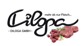 Diloga-Logo mit Fleischstücken und Rosmarin, Slogan: "mehr als nur Fleisch".