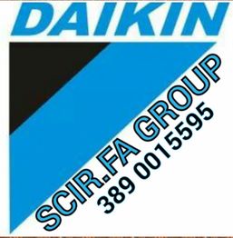 Logo Daikin con testo: "SCIR.FA GROUP, 389 0015595" diagonale su fondo bianco.