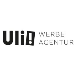 Logo mit schwarzem Text "Uli!" und "WERBEAGENTUR" in Großbuchstaben auf weißem Hintergrund.