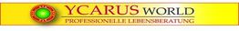 Gelbes Logo mit Text: "YCARUS WORLD, Professionelle Lebensberatung", grünes Symbol links.