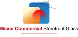 Logo of Miami Commercial Storefront Glass with orange and blue squares and flying birds.