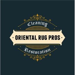 Oriental Rug Pros logo with "Cleaning" and "Restoration" text, ornate design on a dark background.