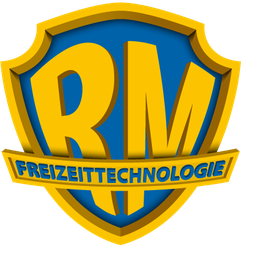 Gelbes RM-Logo mit blauem Hintergrund, darunter "Freizeittechnologie" in goldener Schrift.