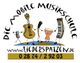 Comic-Instrumente mit Text "Die Mobile Musikschule" und Kontaktinformationen.