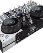 Console DJ Hercules con due piatti, pulsanti colorati e controlli vari.