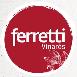 Círculo rojo con texto "Ferretti Vinaròs" y dibujo floral en la esquina inferior derecha.