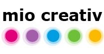 Text "mio creativ" mit fünf bunten Kreisen darunter.