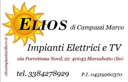 Biglietto da visita di "Elios" per impianti elettrici e TV con dettaglio di contatti e indirizzo.