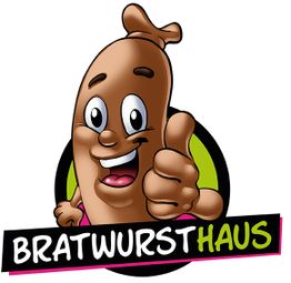 Glückliche Wurst mit Daumen hoch, Text "Bratwursthaus" darunter, auf grünem Hintergrund.