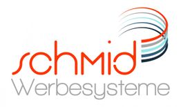 Logo mit Text "schmid Werbesysteme" und geschwungenen Linien in Blau- und Orangetönen.
