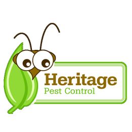 Cartoon bug with big eyes on a green leaf next to "Heritage Pest Control" text in brown and green.