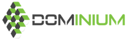 Zeshoekig zwart-wit-groen logo met tekst "DOMINIUM".