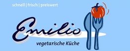 Blaues Logo "Emilio vegetarische Küche" mit Gabel, Löffel und Tomate, Text: schnell, frisch, preiswert.