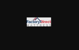 Factory Direct Mattress logo on a black background featuring roof-like design elements.