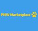 "PNW Marketplace logo with yellow text and a paw print on a blue background."